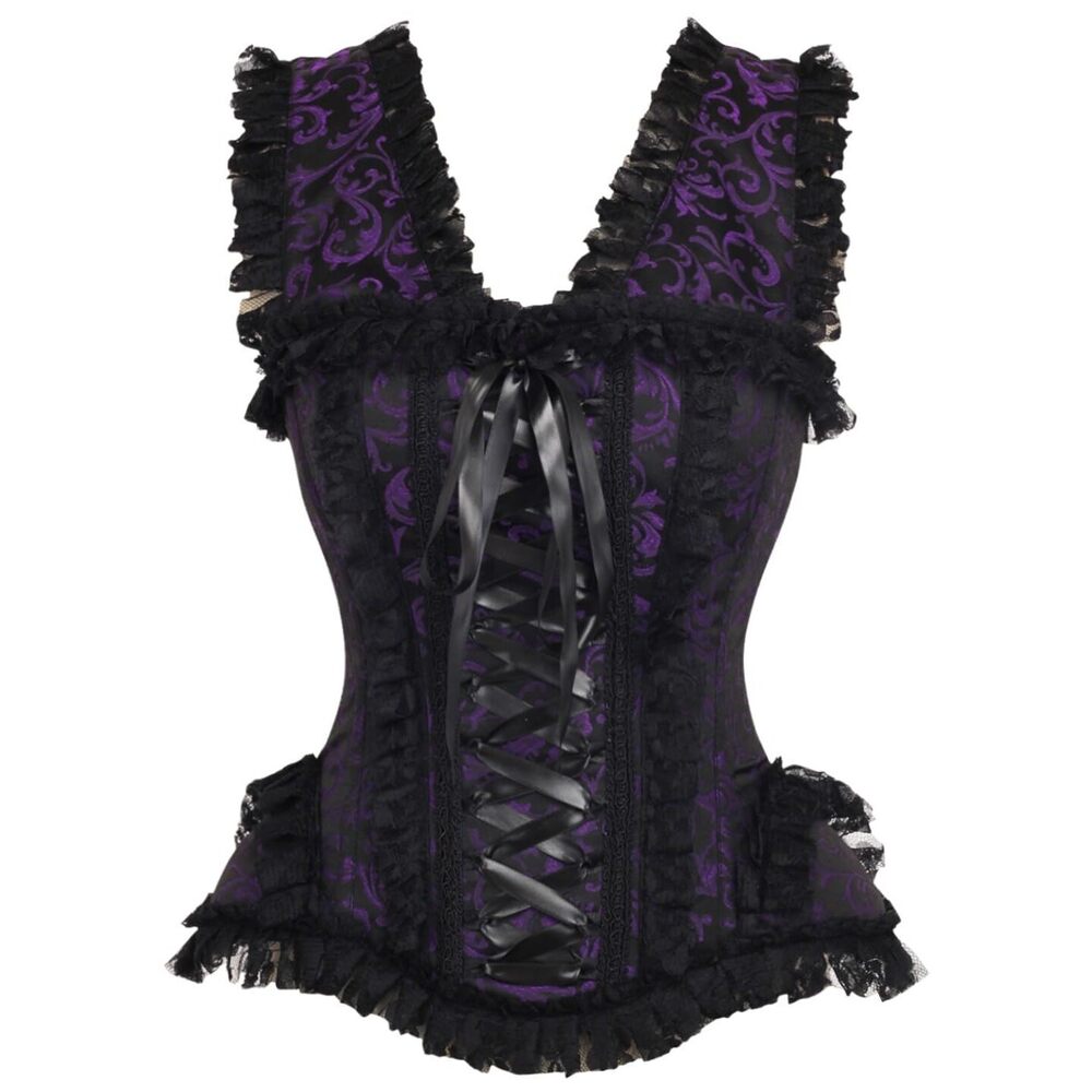 8587 Top Drawer Purple/Black Swirl Brocade & Lace Steel Boned Corset w/Cap
